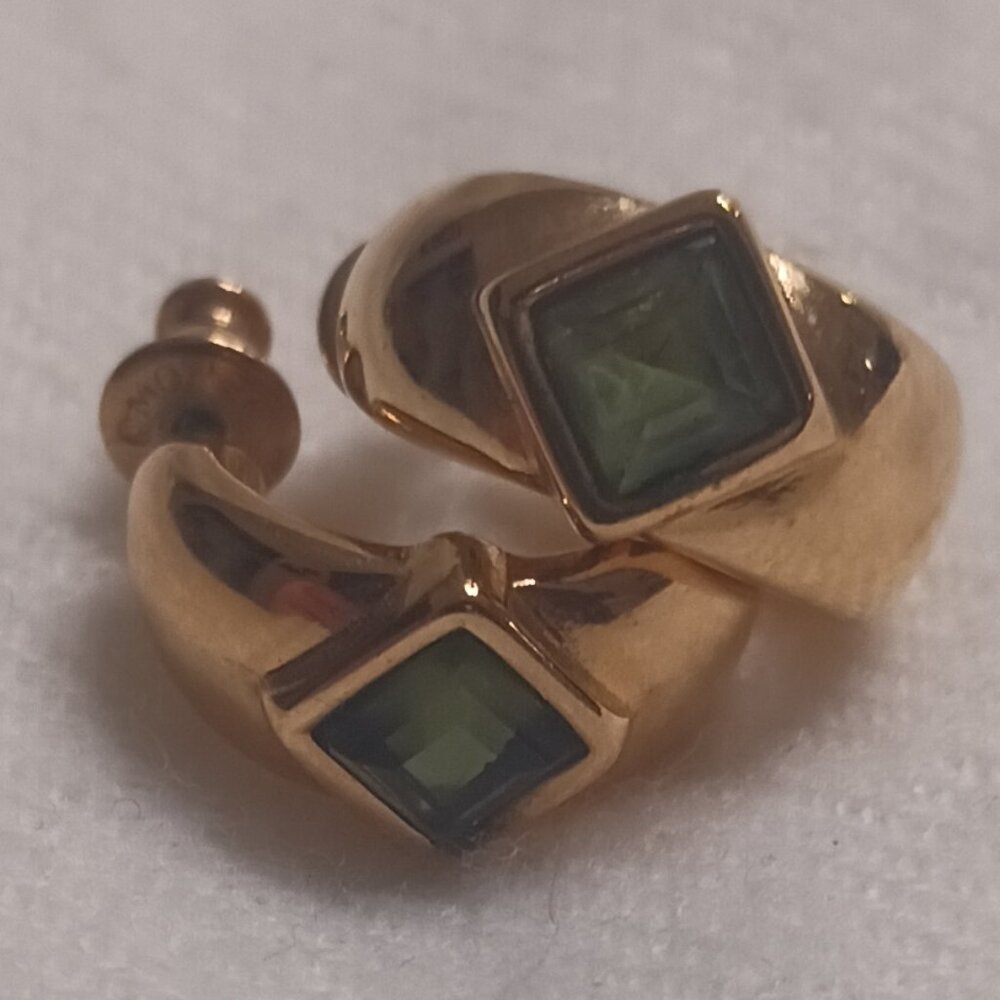 Stunning Vintage Monet Marked Huggie Pierced Gold Tone and Green Stone Earrings